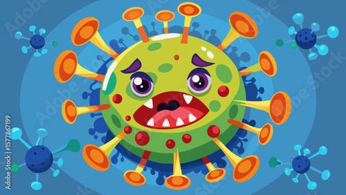 Cartoon illustration of a scared virus character with large eyes and spikes, surrounded by other microbes on blue background