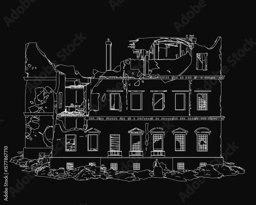 A destroyed building in black and white, with broken windows and scattered debris. The dark background emphasizes the structure's state of disrepair. The drawing captures the eerie atmosphere.