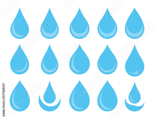 Blue droplet and drop silhouette icon set