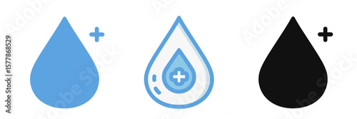 Health-oriented water drop symbols representing hydration and well-being on a transparent background