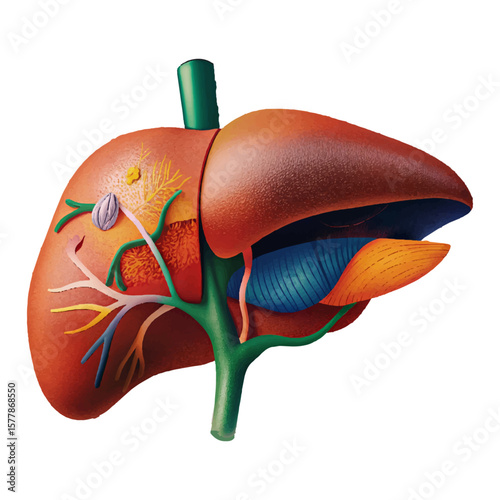 Human liver anatomy presents a detailed organ model, exhibiting veins, arteries, and biliary structures in a medical illustration.