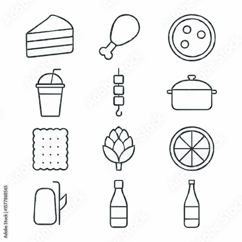 Vector illustration of 12 minimalist food and drink line art icons in a 3×4 grid for restaurant branding, menu design, culinary blogs, food delivery apps, and creative gourmet projects
