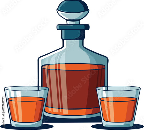 Decanter of Whiskey with Two Glasses, Cartoon Illustration, Festive Drink, Alcohol Beverage, Bar, Pub, Restaurant, Nightlife, Booze, Spirits, Liquor,...