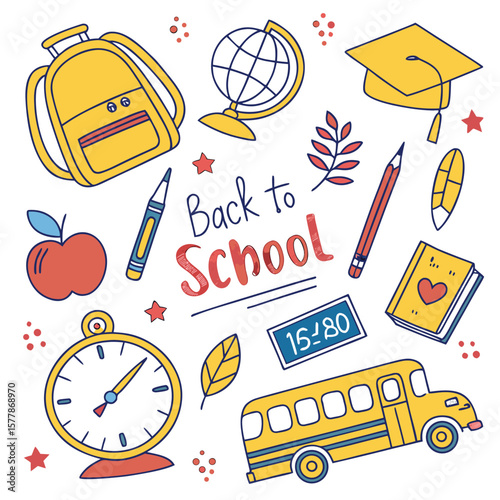 Back to School Icon Set Education Supplies Kids Learning Doodle Vector