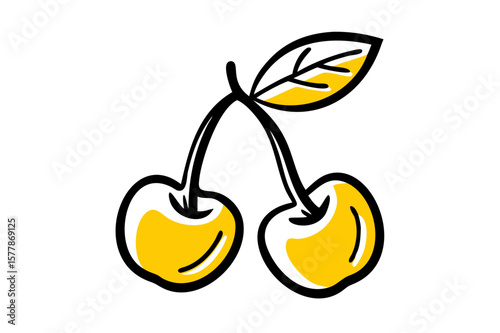 Two vibrant red cherries connected by a shared stem and leaf on a white background, representing freshness, sweetness, and healthy snacking. Perfect for summer and nature vibes.

