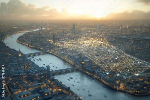 Detailed wireframe render of London's skyline at sunset showcasing connectivity along the River Thames, 3d render of London city with wireframe details and 5g connection lines