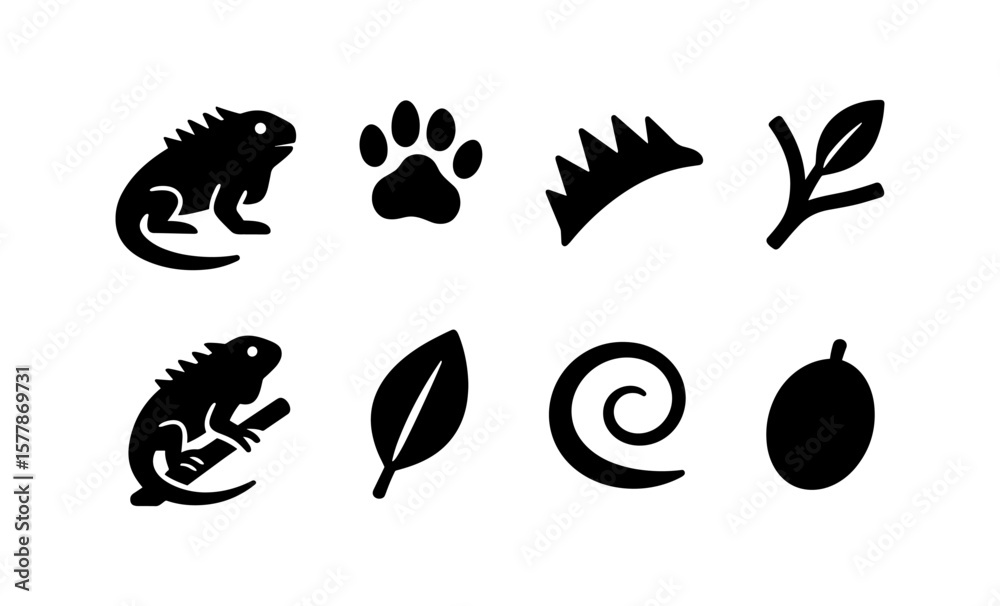Obraz premium Set of black animal and nature icons: iguana, paw, crown, leaf, spiral, mango