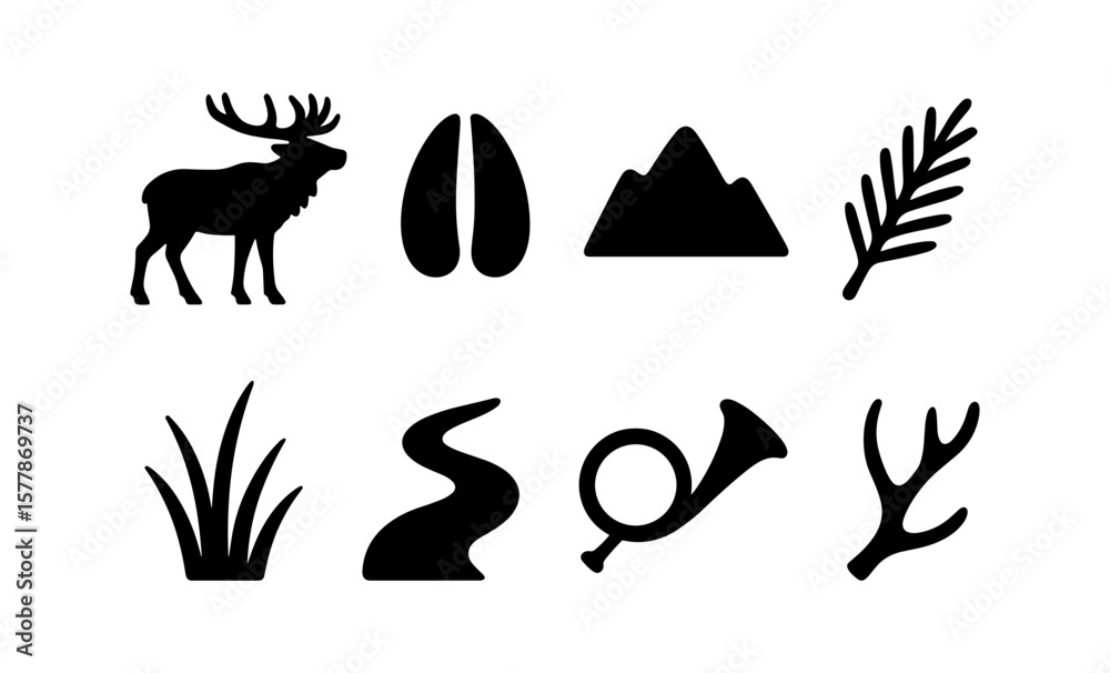 Fototapeta premium Nature symbols set: elk, mountains, and wilderness icons in silhouette style