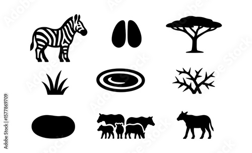 African wildlife silhouettes: zebra, acacia tree, and more