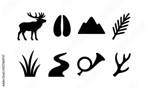 Nature symbols set: elk, mountains, and wilderness icons in silhouette style