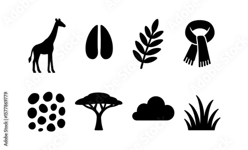 Silhouette icons of nature, animals, and clothing in monochrome