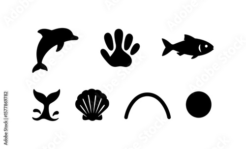 Minimalist marine icons: dolphin, fish, whale tail, and shell designs