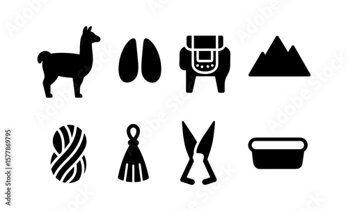 Peruvian icons: llama, andes, traditional tools and accessories