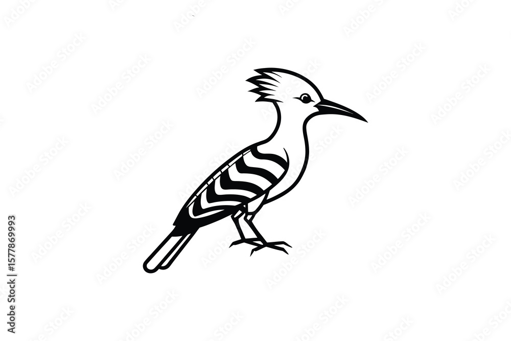 Fototapeta premium Striking Hoopoe Bird Illustration in Black and White Silhouette Style on White Background