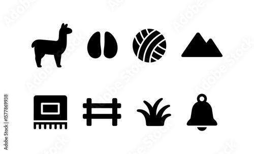 Black icons set: llama, mountains, and more in simple style
