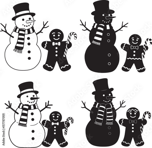 Cute snowman and gingerbread man with candy cane silhouette