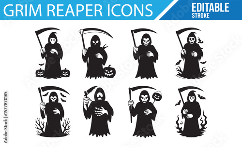 Halloween-themed Grim Reaper Icon Set with Various Poses