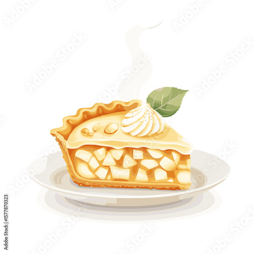 Slice of apple pie with cream and leaf in warm illustration