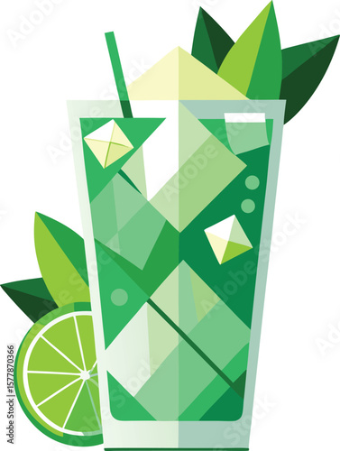 Refreshing Mojito Cocktail with Lime and Mint, Summer Drink Illustration, Geometric Design, Green Tones, Icy Beverage