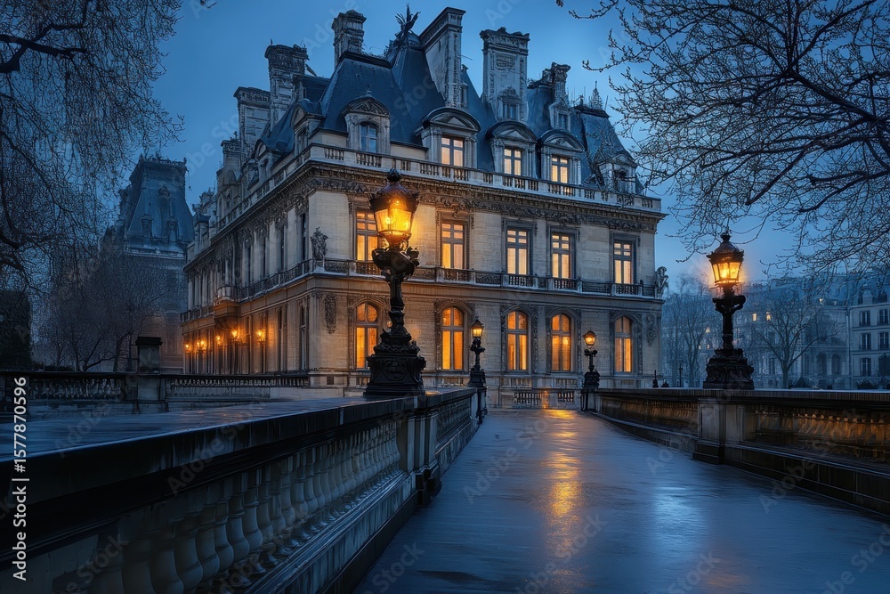 Fototapeta premium Twilight glow illuminates exquisite Parisian architecture along the serene waterway, Twilight Glow on Parisian Architecture