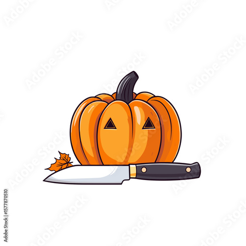 Pumpkin with knife for carving in colorful Halloween illustration