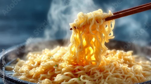 Hot instant noodles being lifted with chopsticks