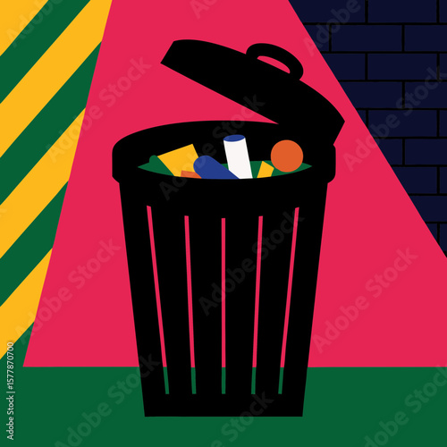 Trash bin filled with colorful waste in urban setting  