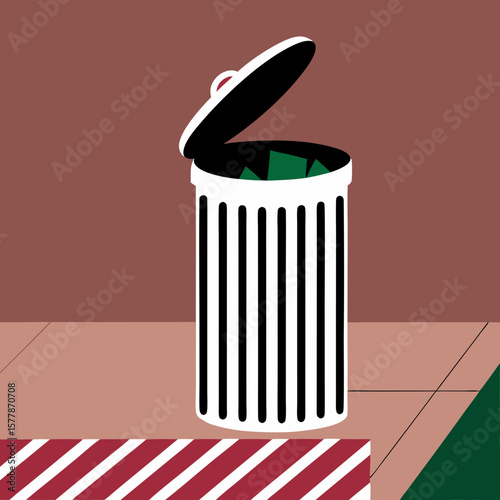 Trash bin with open lid revealing green waste inside  
