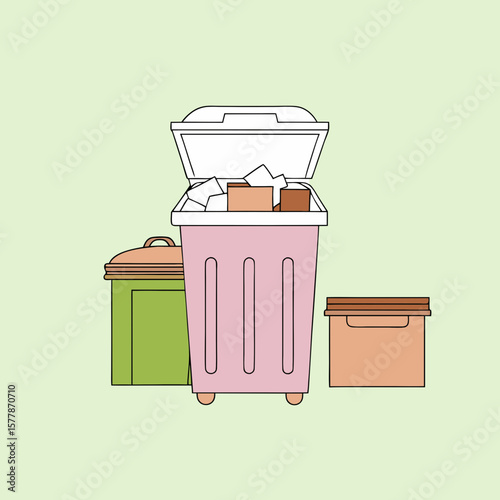 Trash bins in various colors filled with waste on light background  