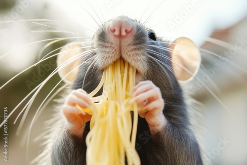 Fancy rat enjoys a spaghetti noodle in a cozy living room during a sunny afternoon, A fancy rat house pet is holding a spaghetti noodle in its front paws and eating it