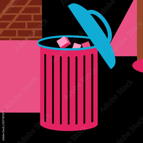 Colorful trash can with lid open and waste visible in urban setting  