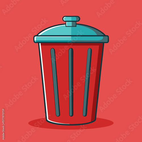 Red trash can with a blue lid against a solid background  