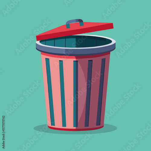Colorful trash bin with lid in minimalist design on turquoise background  