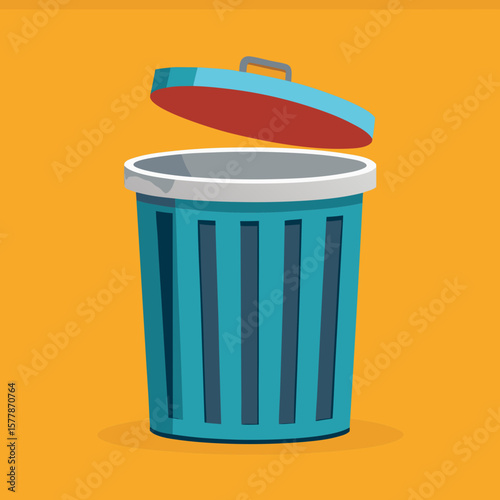 Open trash can with colorful lid on orange background  