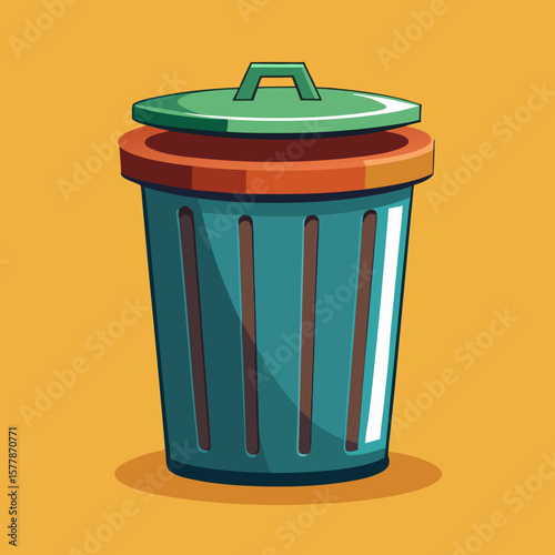 Colorful trash can with lid on yellow background  