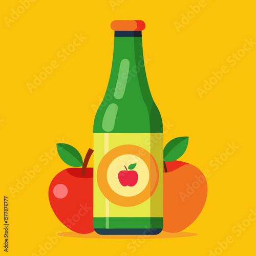 Green bottle with  cider  with and  apple on yellow background  