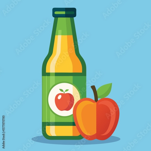 Apple juice  cider bottle bottle next to fresh apple on blue background  