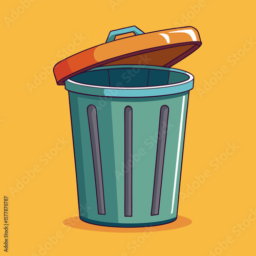 Colorful trash bin with open lid on yellow background  