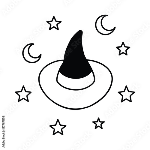 Cute Witch Hat with Stars and Moons Coloring Page Simple Halloween Fun Vector Illustration.