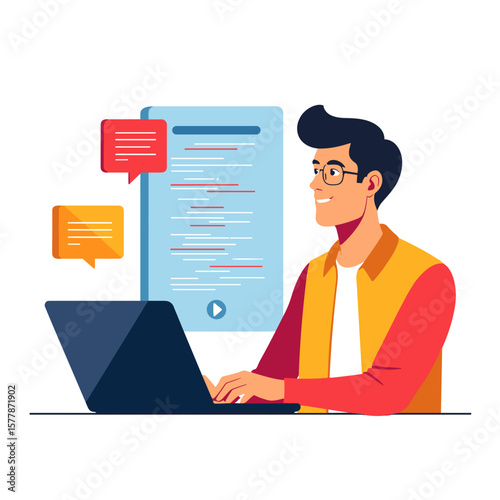 Young man working on laptop and communicating with messages online  