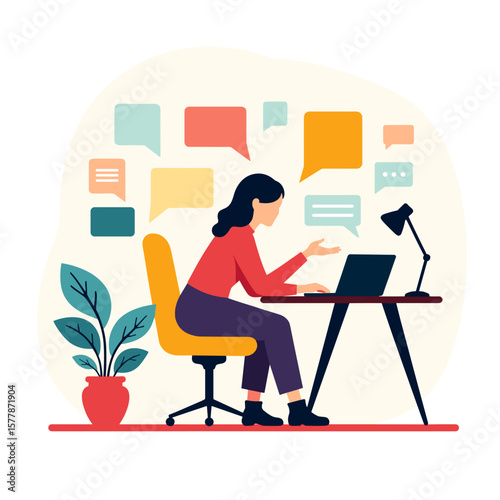 Young woman working on laptop and communicating from home office  