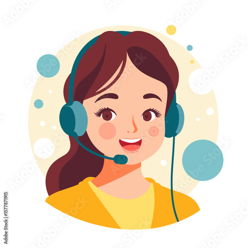 Smiling woman with headset providing customer support in illustrated style  