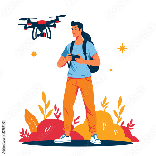 Drone operator controlling a flying drone outdoors among plants  