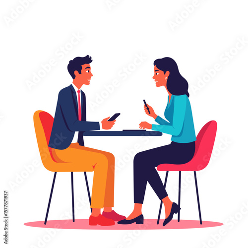 Man and woman talking while sitting at a table with smartphones  