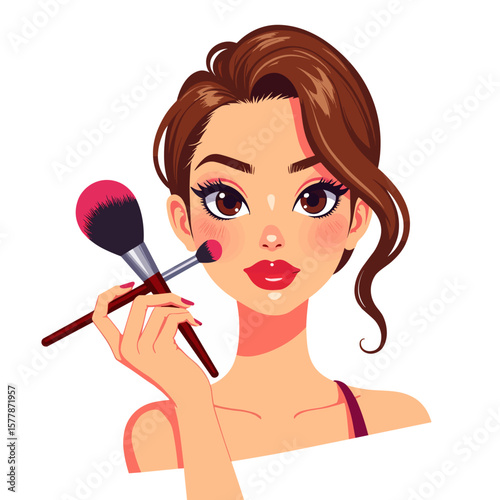 Young woman applying makeup with brushes in colorful style  