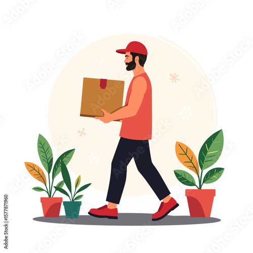 Delivery man walking while carrying a box surrounded by plants  