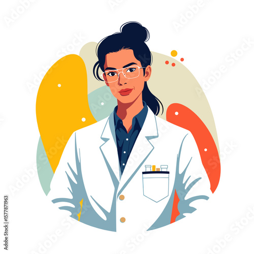 Young woman doctor in white lab coat with glasses and confident look  