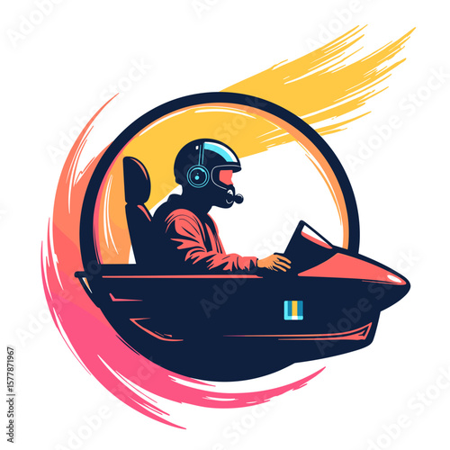 Race car driver steering a futuristic vehicle with vibrant colors  