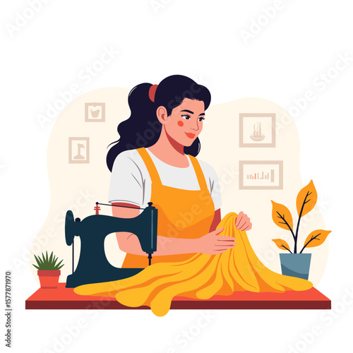 Tailor working with fabric on sewing machine at home studio  