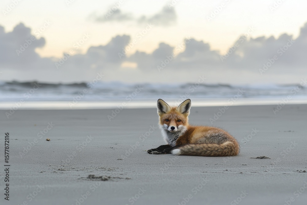 Fototapeta premium Young red fox resting on sandy beach during sunset with ocean waves in background, A young red fox rests on a beach